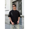 Unisex Bisiklet Yaka Baskılı Oversize T-shirt - Siyah