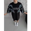 Unisex Bisiklet Yaka Baskılı Oversize T-shirt - Siyah
