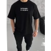 Unisex Bisiklet Yaka Baskılı Oversize T-shirt - Siyah