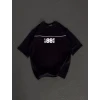 Unisex Bisiklet Yaka Baskılı Oversize T-shirt - Siyah