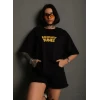 Unisex Bisiklet Yaka Baskılı Oversize T-shirt - Siyah