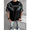 Unisex Bisiklet Yaka Baskılı Oversize T-shirt-siyah