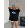 Unisex Bisiklet Yaka Baskılı Oversize T-Shirt - Siyah