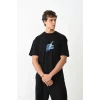 Unisex Bisiklet Yaka Baskılı Oversize T-shirt - Siyah