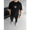 Unisex Bisiklet Yaka Baskılı Oversize T-Shirt - Siyah