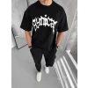 Unisex Bisiklet Yaka Baskılı Oversize T-shirt - Siyah