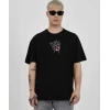 Unisex Bisiklet Yaka Baskılı Oversize T-shirt - Siyah