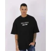 Unisex Bisiklet Yaka Baskılı Oversize T-shirt - Siyah