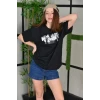 Unisex Bisiklet Yaka Baskılı Oversize T-shirt - Siyah