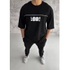 Unisex Bisiklet Yaka Baskılı Oversize T-shirt - Siyah
