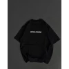 Unisex Bisiklet Yaka Baskılı Oversize T-shirt - Siyah