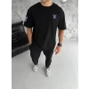 Unisex Bisiklet Yaka Baskılı Oversize T-shirt - Siyah