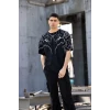 Unisex Bisiklet Yaka Baskılı Oversize T-shirt - Siyah