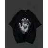 Unisex Bisiklet Yaka Baskılı Oversize T-shirt - Siyah