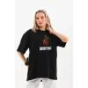 Unisex Bisiklet Yaka Baskılı Oversize T-shirt - Siyah