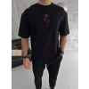 Unisex Bisiklet Yaka Baskılı Oversize T-shirt - Siyah