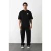 Unisex Bisiklet Yaka Baskılı Oversize T-shirt - Siyah
