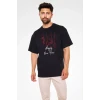 Unisex Bisiklet Yaka Baskılı Oversize T-shirt - Siyah