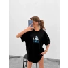 Unisex Bisiklet Yaka Baskılı Oversize T-shirt - Siyah