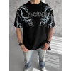 Unisex Bisiklet Yaka Baskılı Oversize T-shirt - Siyah