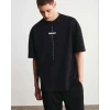 Unisex Bisiklet Yaka Baskılı Oversize T-shirt - Siyah