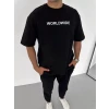 Unisex Bisiklet Yaka Baskılı Oversize T-shirt - Siyah