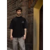 Unisex Bisiklet Yaka Baskılı Oversize T-shirt - Siyah