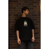 Unisex Bisiklet Yaka Baskılı Oversize T-shirt - Siyah