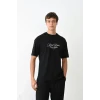Unisex Bisiklet Yaka Baskılı Oversize T-shirt - Siyah