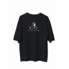 Unisex Bisiklet Yaka Baskılı Oversize T-shirt - Siyah
