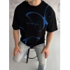 Unisex Bisiklet Yaka Baskılı Oversize T-shirt - Siyah