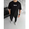 Unisex Bisiklet Yaka Baskılı Oversize T-shirt - Siyah