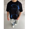 Unisex Bisiklet Yaka Baskılı Oversize T-shirt - Siyah