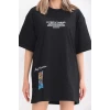 Unisex Bisiklet Yaka Baskılı Oversize T-shirt - Siyah