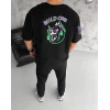 Unisex Bisiklet Yaka Baskılı Oversize T-shirt - Siyah