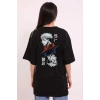 Unisex Bisiklet Yaka Baskılı Oversize T-shirt - Siyah