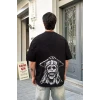 Unisex Bisiklet Yaka Baskılı Oversize T-shirt - Siyah