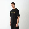 Unisex Bisiklet Yaka Baskılı Oversize T-shirt - Siyah