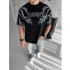 Unisex Bisiklet Yaka Baskılı Oversize T-shirt - Siyah
