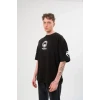 Unisex Bisiklet Yaka Baskılı Oversize T-shirt - Siyah