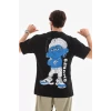 Unisex Bisiklet Yaka Baskılı Oversize T-shirt - Siyah
