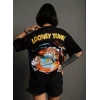 Unisex Bisiklet Yaka Baskılı Oversize T-shirt - Siyah