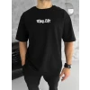 Unisex Bisiklet Yaka Baskılı Oversize T-shirt - Siyah