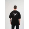 Unisex Bisiklet Yaka Baskılı Oversize T-shirt - Siyah