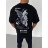 Unisex Bisiklet Yaka Baskılı Oversize T-shirt - Siyah