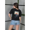 Unisex Bisiklet Yaka Baskılı Oversize T-shirt - Siyah