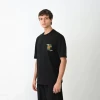 Unisex Bisiklet Yaka Baskılı Oversize T-shirt - Siyah