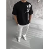 Unisex Bisiklet Yaka Baskılı Oversize T-shirt - Siyah