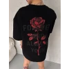 Unisex Bisiklet Yaka Baskılı Oversize T-shirt - Siyah