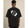 Unisex Bisiklet Yaka Baskılı Oversize T-shirt - Siyah